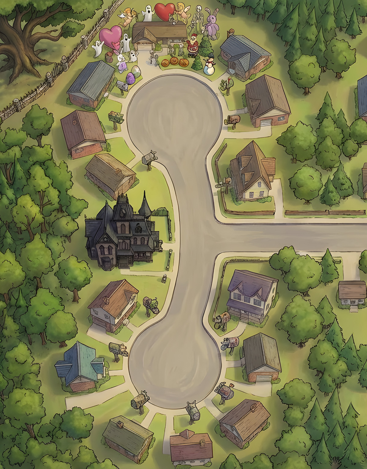 Illustrated bird's-eye view map of Willowmere Lane, a magical cul-de-sac neighborhood surrounded by forest